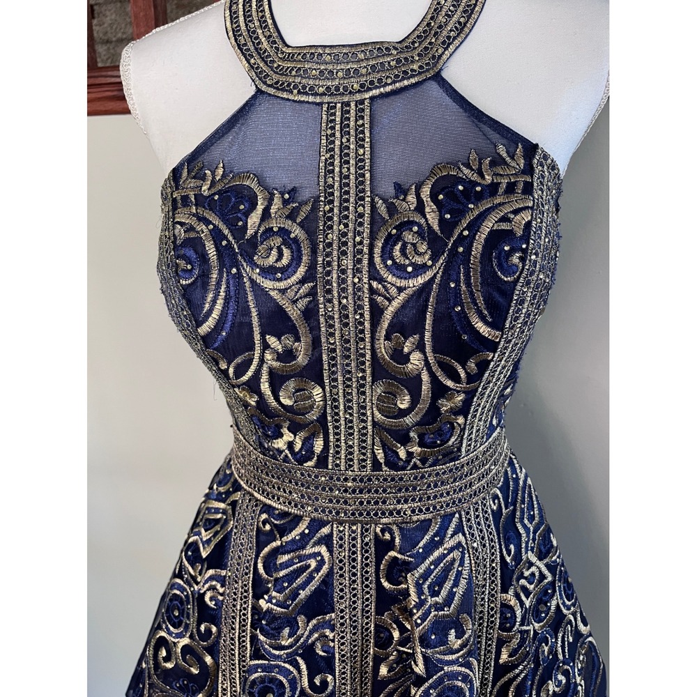 Ellie Wilde Mon Cheri Navy Gold Embroidered Halter Homecoming Dress EW21712S 4